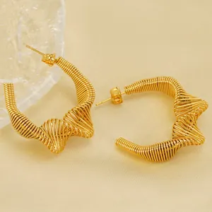 Hoop Earrings Stainless Steel 18K Gold Plated Wire Wrapped Hollow Irregular Geometric C Shape Spring Design For Women