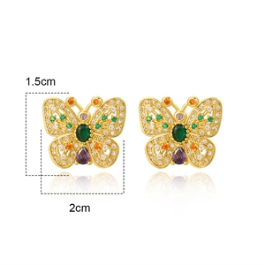 Detailed view of butterfly earrings with colorful zircons and 1.5cm x 2cm size scale