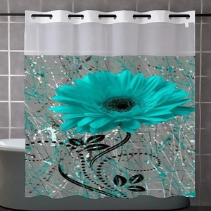 Detail of waffle shower curtain with teal flower print and mesh top header with grommets