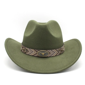 Close-up of ethnic weave band with vintage bull head buckle on dark green felt cowboy hat