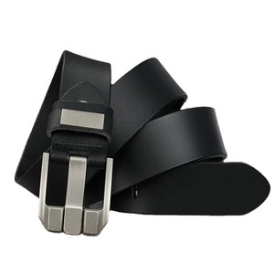 Men's vintage black genuine leather belt with classic metal needle buckle on white background