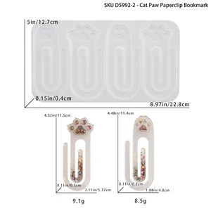 Silicone mold for DIY cat paw paperclips with detailed size dimensions and resin samples