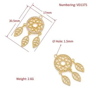 Gold dreamcatcher pendant with zirconia and leaf tassels, 30.5mm size specs