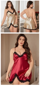 Détail d'une nuisette satinée grande taille avec col en V, dentelle et bretelles croisées