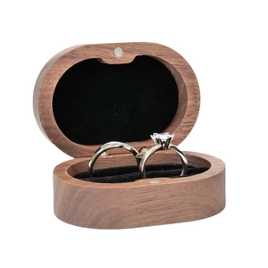 Portable black walnut wooden ring box with dual slots and black velvet lining for jewelry