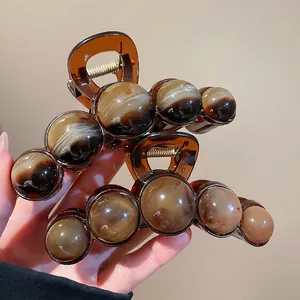 Large Hair Claw Clip Acrylic Amber Coffee Geometric Round Beads Vintage French Style Shark Clip Hair Accessory For Women