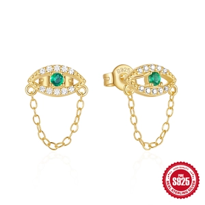 925 Sterling Silver Evil Eye Stud Earrings For Women Green Zirconia Tassel Chain Dangle Earrings Minimalist Fashion Jewelry