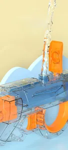Detail showing the top-fill water tank opening on a blue and orange toy water gun