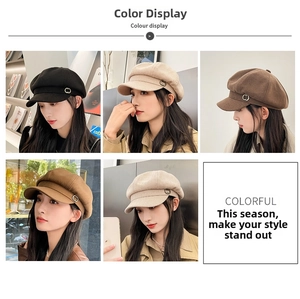 Detailed color display of vintage newsboy caps in black, beige, coffee, and camel tones