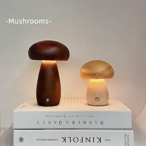 Solid wood mushroom LED night light set in walnut and natural oak finish with warm glow