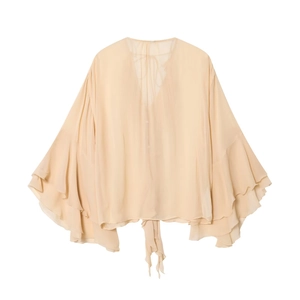 Elegant beige V-neck blouse with layered ruffle flare sleeves and waist tie design