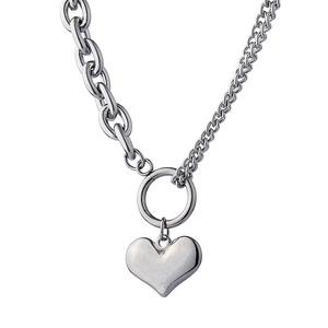 Detail of a chunky stainless steel chain bracelet with heart pendant and OT buckle clasp