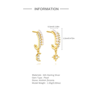 Detail of s925 silver moon and star earrings with pearl and zirconia dimensions