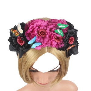 Mexican Day of the Dead floral headband with large roses and colorful butterflies