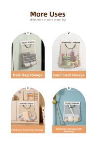 Detail view of cream mesh storage bag with wide top opening and hanging handle for home use