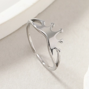 Polished crown-shaped stainless steel open ring with minimalist adjustable design