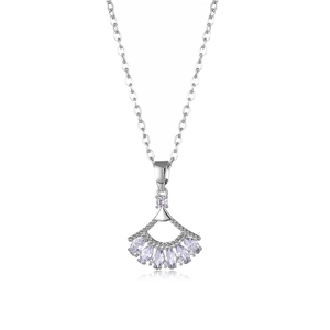 Silver fan-shaped pendant necklace with purple zircon stones on a white background