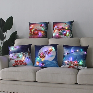 Detailed view of 5 Christmas LED throw pillow covers featuring festive glowing holiday patterns