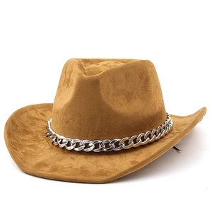 Close-up of camel felt cowboy hat featuring a chunky silver metal chain decorative band