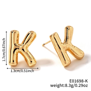 Detailed size specifications for gold letter K bubble stud earrings showing dimensions