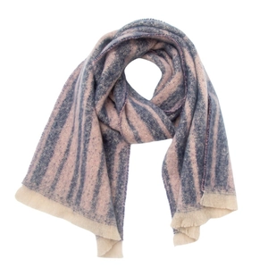 Detail of blue-grey and beige striped scarf with soft fringe and textured knit