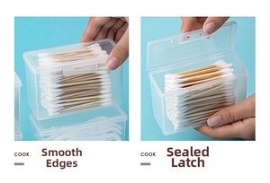 Detail of transparent storage box with sealed lid for cotton swabs and dental floss