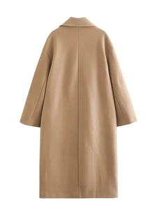 Rear view of a long khaki wool coat with a classic tailored silhouette and refined finish