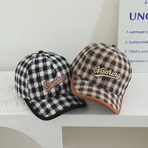 Plaid children's baseball caps with Nothing embroidery in black and brown checker pattern