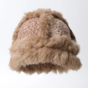 Women's warm rabbit fur knit bucket hat in brown with fluffy拼接fur design for winter