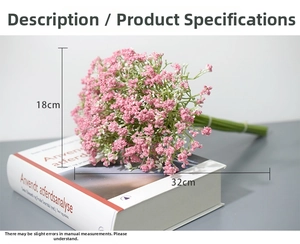 Detail view of pink and white artificial Gypsophila bouquet with size measurements