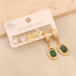 Vintage 3-pair stainless steel earring set with malachite and gold butterfly studs