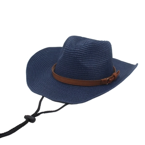Handwoven navy blue straw cowboy hat with brown leather band and adjustable wind strap