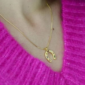 Close-up of golden horseshoe pendant necklace with colorful zircon stones on model