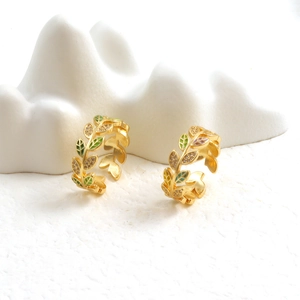 Adjustable 18k gold plated leaf rings with colorful enamel and sparkling zircons