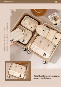Detail of breathable mesh travel organizers neatly arranged inside a suitcase