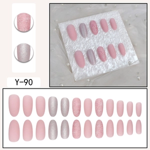 Pink matte and silver glitter oval press-on nails set with 24 pieces in Y-90 style