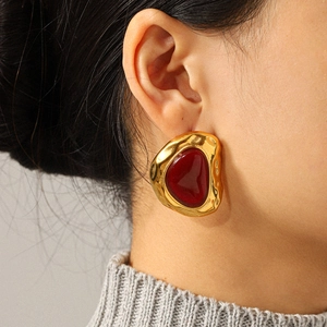 Vintage 18k gold stainless steel irregular earrings with wine red resin for women