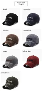 Detailed grid view showing 7 colors of washed cotton baseball caps with vintage embroidery