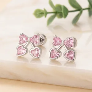 Pink Heart Cherry Cartilage Stud Earrings Titanium Steel Screw Back Bow Zircon Helix Piercing Jewelry For Women Girls