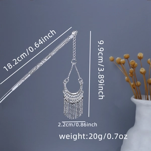 Detailed dimensions of silver hair stick with turquoise flower and tassel pendant