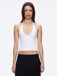 White deep V neck halter top, slim fit cropped tank for women on white background