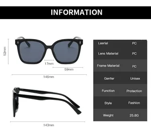Size chart showing frame dimensions and PC material specs for unisex polarized sunglasses