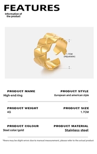 Detail showing gold quilted texture steel ring with 1.7cm adjustable band size