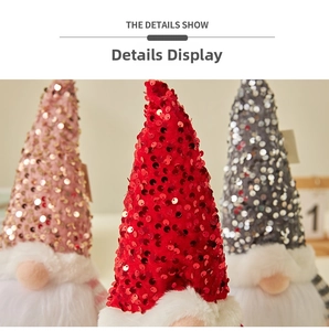 Detailed view of Christmas gnomes with sequined hats in red, pink, and silver gray