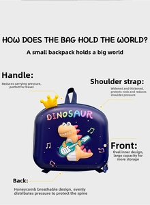 Detail view of dinosaur backpack showing breathable honeycomb back and ergonomic straps