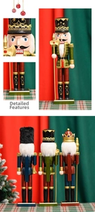 Detailed close-up of 38cm wooden nutcracker soldiers with hand-painted gold accents and tools