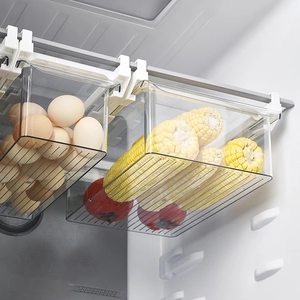 Hanging clear refrigerator drawer organizer for storing eggs and fresh vegetables