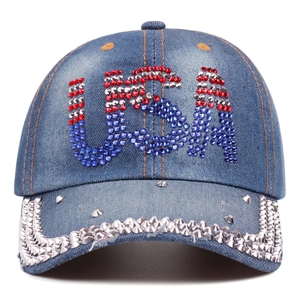 Distressed blue denim baseball cap featuring USA rhinestone logo and silver metal studs