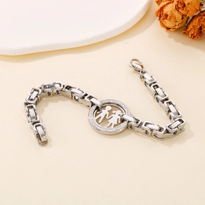 Silver stainless steel chain bracelet with a hollow boy and girl pavé diamond pendant