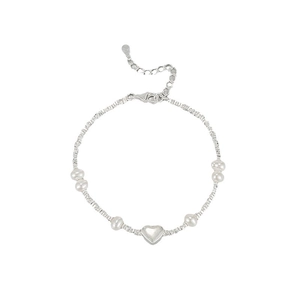Elegant S925 sterling silver heart bracelet with white pearls and polished silver beads